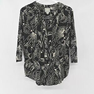 ANTHROPOLOGIE Maeve Bird Print Womens Top Size 2 Novelty Pleated‎ Pintuck Blouse